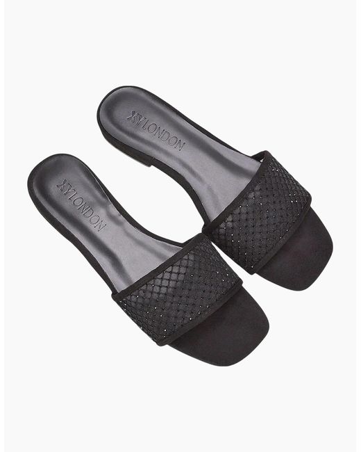 XY London Black Ladies Gabrielle Diamante Open Toe Flat Sliders