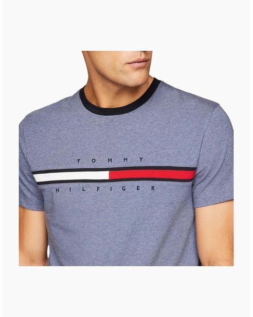 Tommy Hilfiger Blue T Shirts Crew Neck Signature Stripe Summer Cotton Tino Tee for men