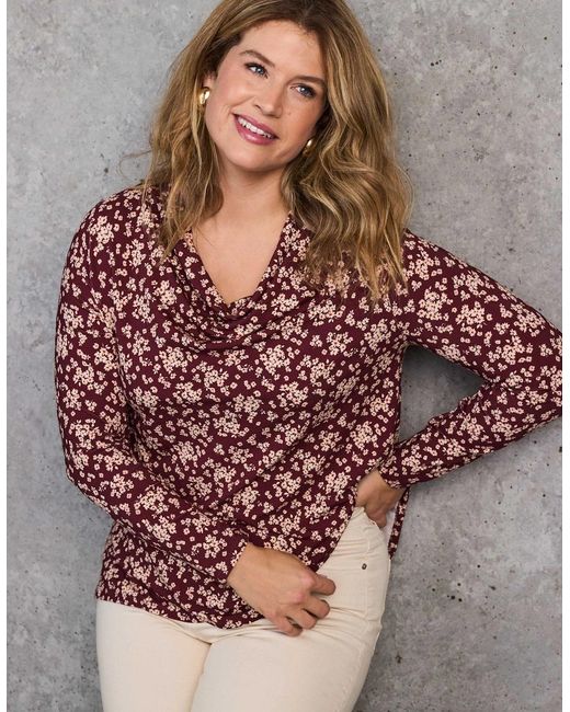 Live Unlimited London Red Ditsy Floral Jersey Cowl Neck Top
