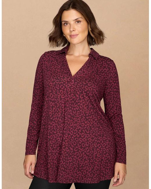 Live Unlimited London Purple Burgundy Animal Print Jersey Polo Collar Tunic