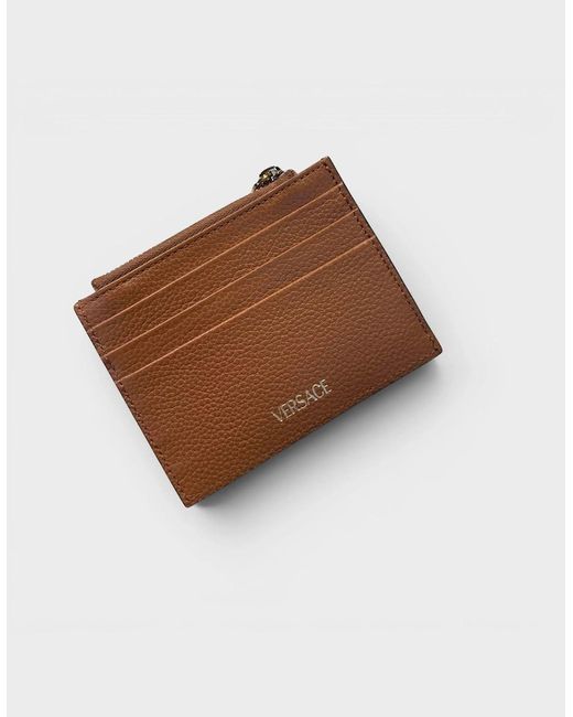 Versace Brown Virtus Logo Zip Cardholder Leather