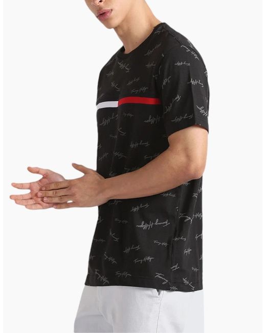 Tommy Hilfiger Black T Shirt Signature Flag Striped Crew Neck Summer Cotton Tee for men