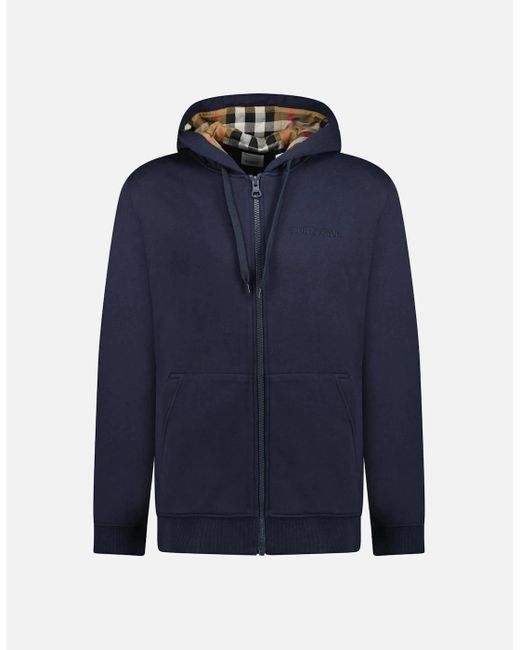 Burberry Blue 'Hove' Check Hood Embroidery Logo Hoodie Zip Sweatshirt for men