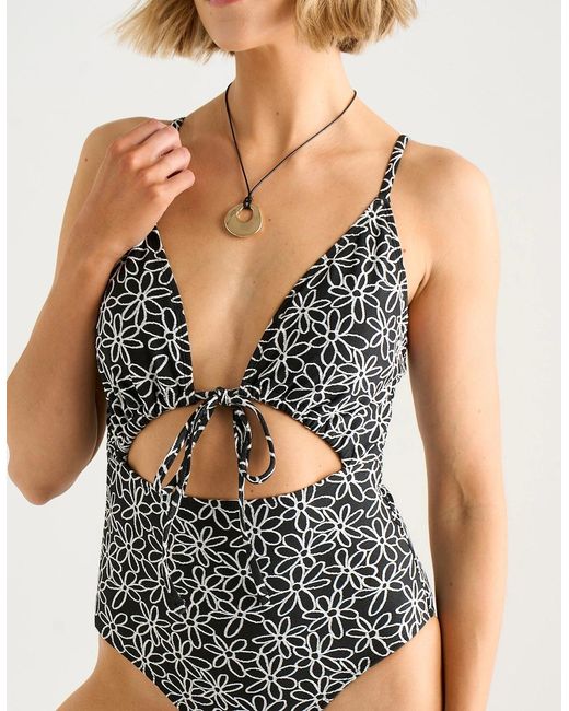Gini London Blue Mono Floral Tie-Front Jacquard Swimsuit