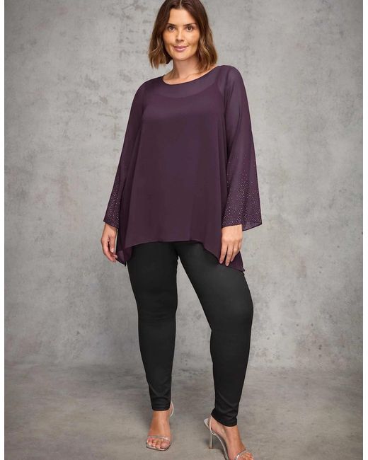 Live Unlimited London Purple Plum Sheer Embellished Sleeve Layered Tunic