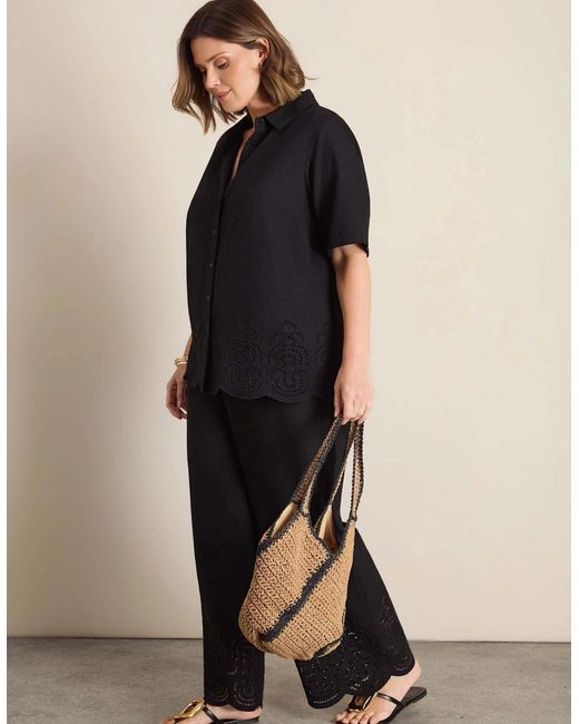 Live Unlimited London Black Linen Blend Broderie Shirt