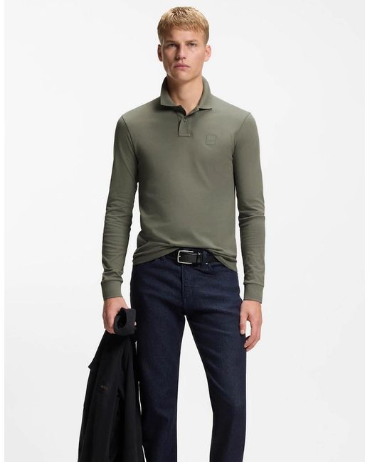 Boss Gray Boss Passerby Long Sleeve Stretch-Cotton Polo Shirt With Logo Patch for men