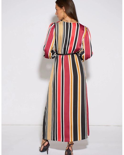 Gini London Red Multi Stripe Satin Wrap Midaxi Dress