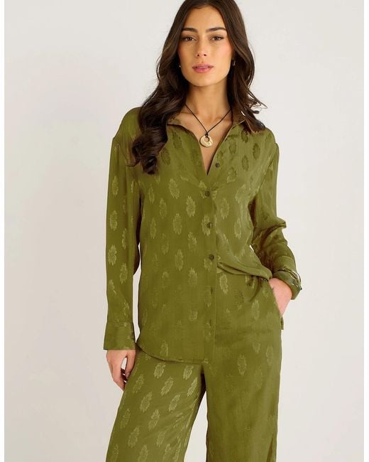 Gini London Green Khaki Floral Satin Jacquard Shirt