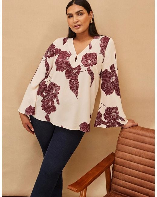 Live Unlimited London Pink Burgundy Floral Print Keyhole Blouse