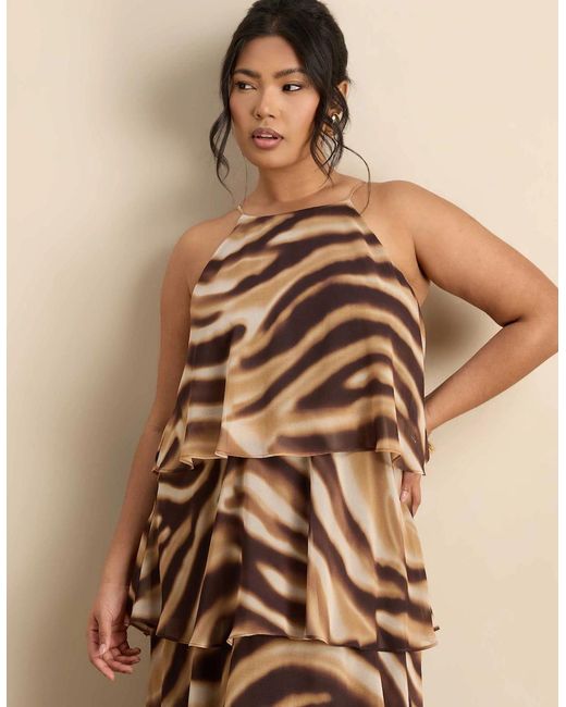 Live Unlimited London Brown Abstract Print Halter Tiered Maxi Dress