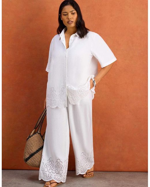 Live Unlimited London White Linen Blend Broderie Trouser