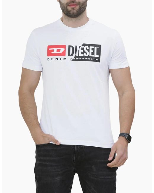 DIESEL White T-Diego-Cuty Logo T Shirts Crew Neck Short Sleeve Slim Summer Tee for men