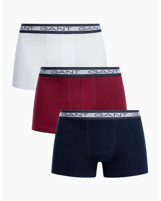 Gant White 3-Pack Striped Waistband Boxer Trunks, /Burgundy for men