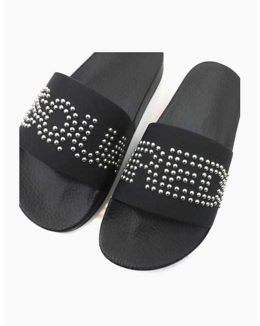 DSquared² Black Dsq2 Stud Logo Leather Sliders for men