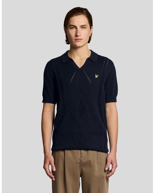 Lyle & Scott Blue Open Collar Argyle Knitted Polo Shirt for men