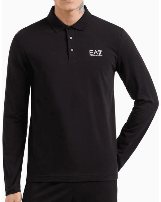 EA7 Black Long Sleeve Pique Cotton Polo Shirt for men