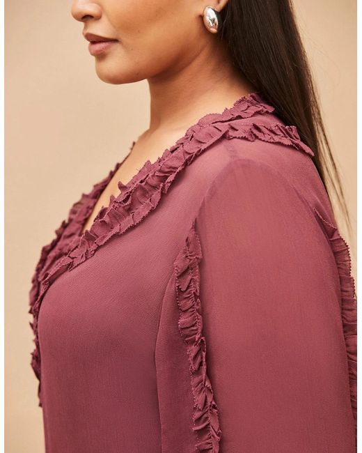 Live Unlimited London Red Burgundy Frill Trim V Neck Blouse