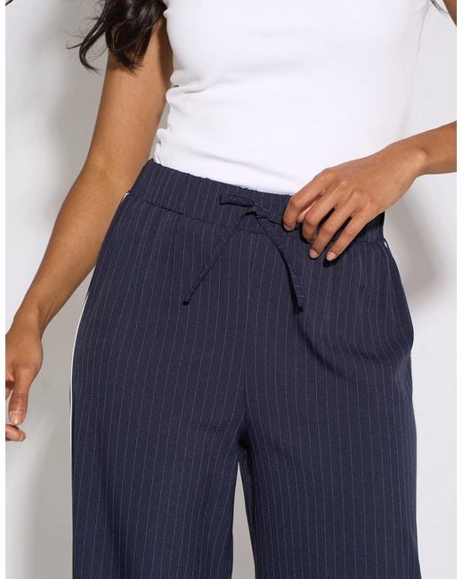 Gini London Blue Drawstring Pinstripe Wide Leg Jogger