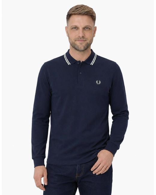 Fred Perry Blue Long Sleeve Twin Tipped Polo Shirt Dark Airforce/Ecru/Seagrass for men