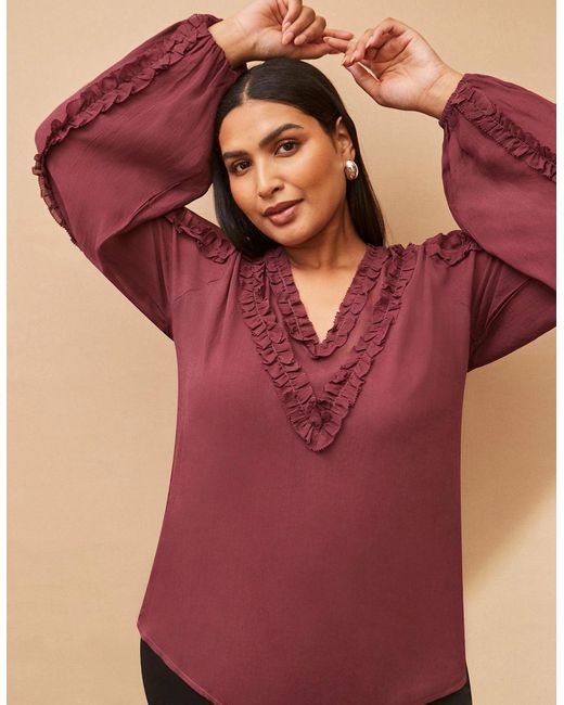 Live Unlimited London Red Burgundy Frill Trim V Neck Blouse