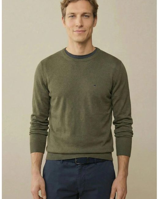 Fynch-Hatton Green Fine Knit Cotton Crewneck Sweater Dark Khaki for men
