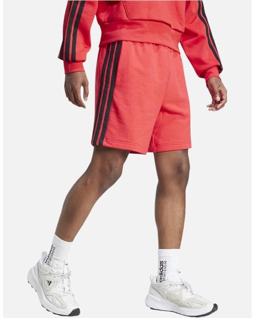 Adidas Red Essential 3 Stripes French Terry Shorts Summer Casual Beach Bermuda for men