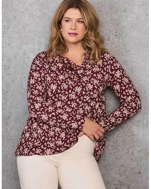 Live Unlimited London Red Ditsy Floral Jersey Cowl Neck Top