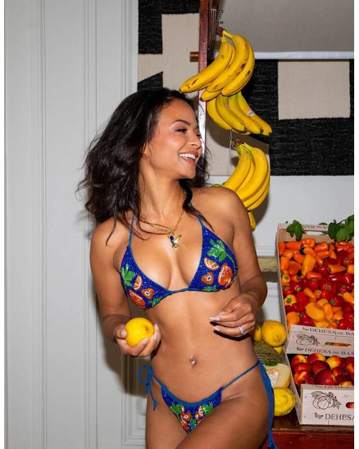 Oceanus Blue Mulata Hand-Beaded Bikini Bottom Christina Milian