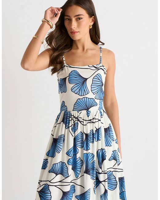 Gini London Blue Floral Viscose Linen Blend Cami Dress