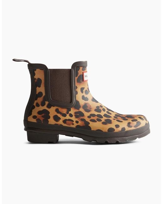 Hunter Brown Original Chelsea Leopard Print Boot Rubber Leopard Print/Chocolate Wellington Boots