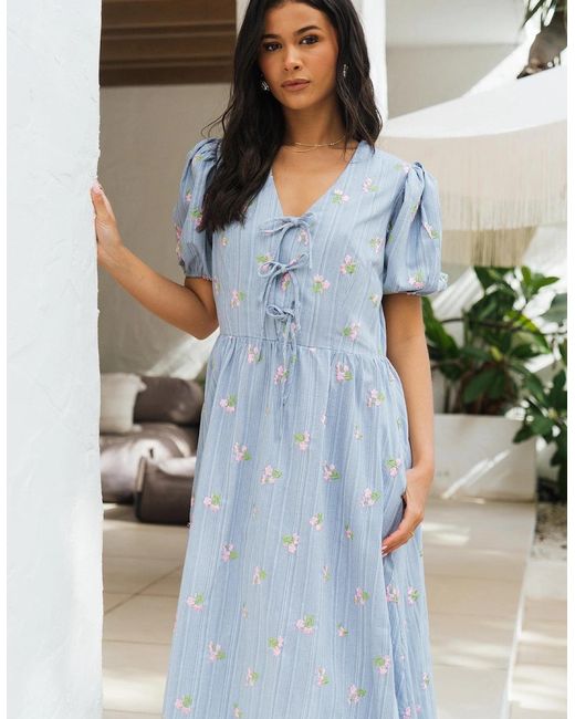 Gini London Blue Cotton Mix Tie Detail Puff Sleeves Midi Dress