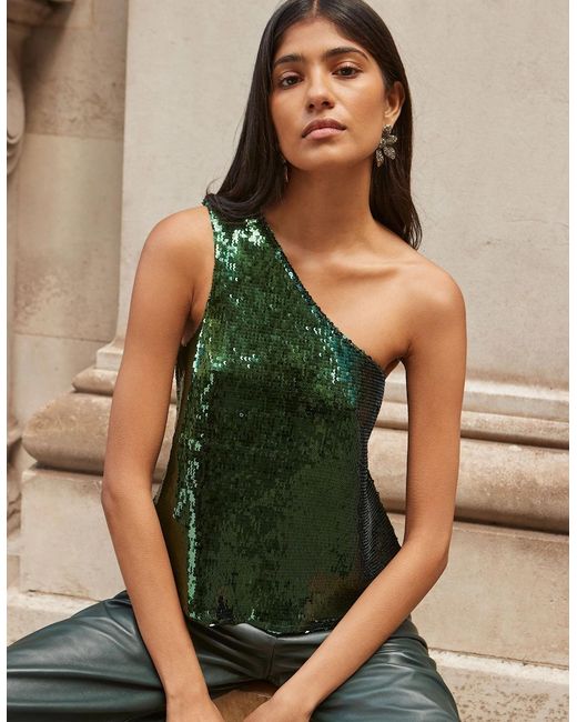 Ro&zo Green One-Shoulder Sequinned Top