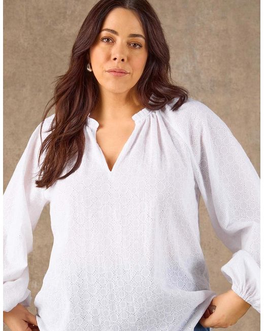 Live Unlimited London White Broderie Gathered Neck Top