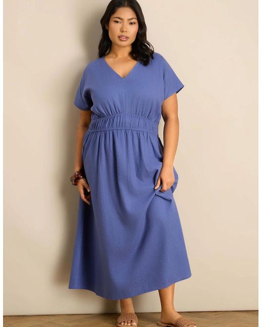 Live Unlimited London Blue Petite Linen Blend V-Neck Waist Detail Midaxi Dress