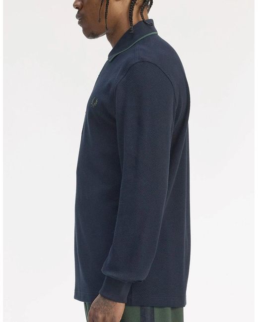 Fred Perry Blue Textured Long Sleeve Polo for men