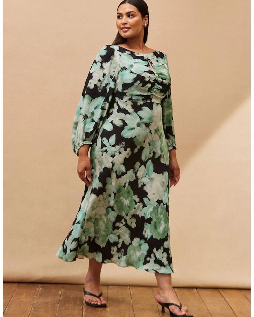 Live Unlimited London Blue Floral Print Ruched Maxi Dress