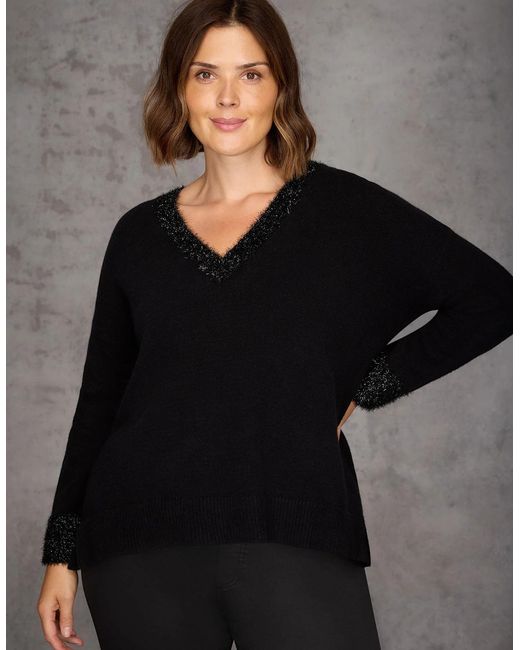 Live Unlimited London Black Sparkle Knit V Neck Jumper