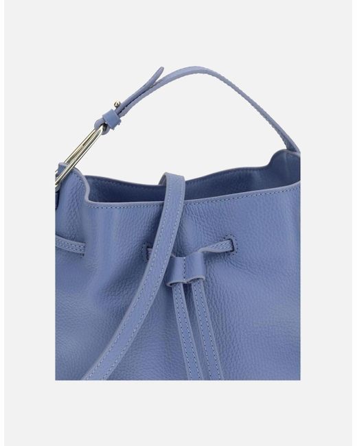 Coccinelle Blue Grained Leather Malory Bucket Bag With Drawstring Closure