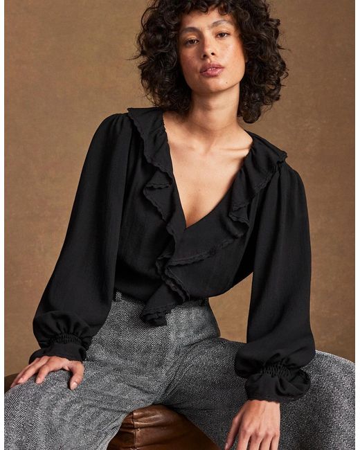 Ro&zo Black Ruffle-Front Blouse