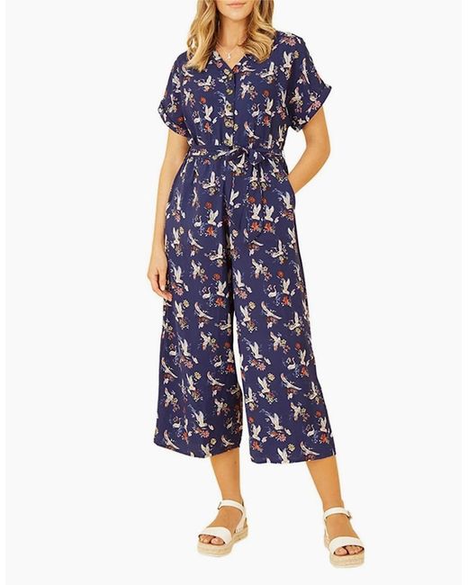 Yumi' Blue Crane Print Collared Culotte Jumpsuit