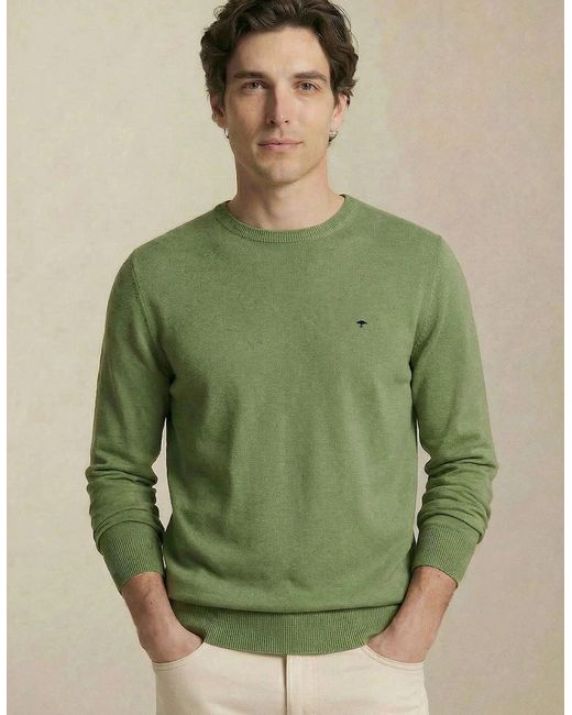 Fynch-Hatton Green Fine Knit Air Cotton Crewneck Sweater Avocado for men
