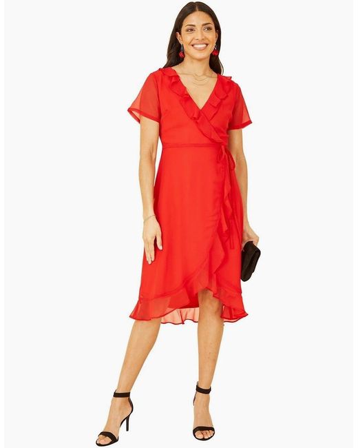 Yumi' Red Frill V-Neck Midi Wrap Dress
