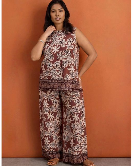 Live Unlimited London Brown Paisley Border Print Wide Leg Trousers