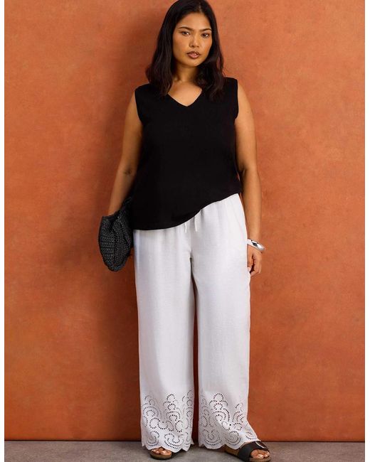 Live Unlimited London White Linen Blend Broderie Trouser