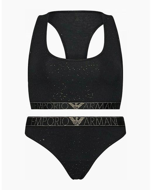 Emporio Armani Black Stardust Bralette & Brazilian Brief Underwear Set Gift Tin, Printed
