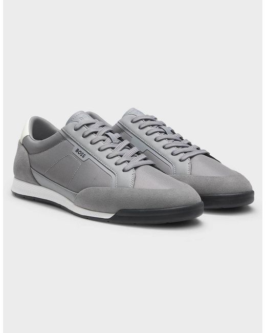 Boss Gray Boss Nitan Suede-Trim Trainers With Ribbed Sole for men