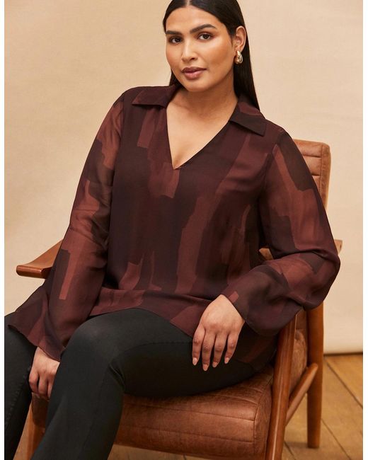 Live Unlimited London Brown Chocolate Abstract Print V Neck Collared Tunic