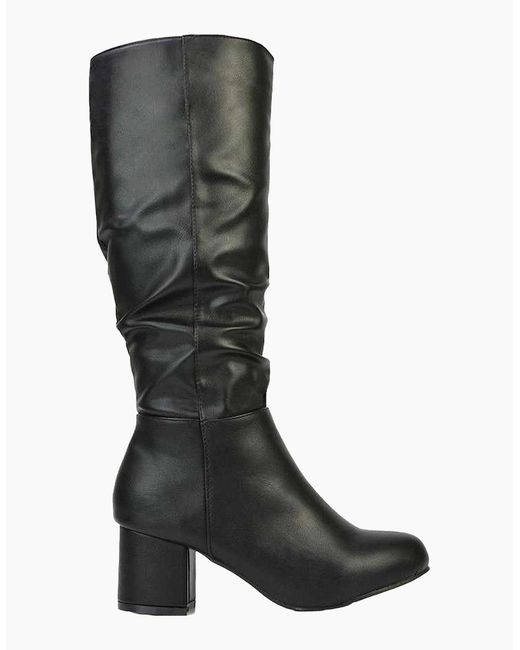 XY London Black Ladies Jackie Ruched Mid Block Heel Knee-High Boots