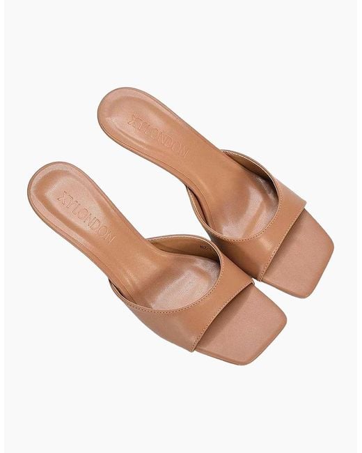 XY London Brown Ladies Jane Square Toe Kitten Heel Mule Sandals